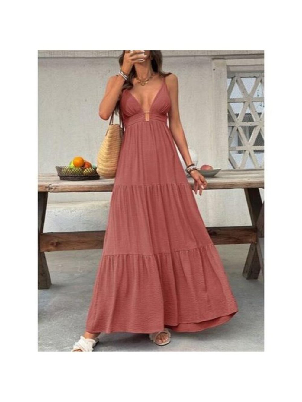 Deep V-Neck Tiered Maxi Dress